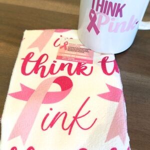 Think Pink Breast Cancer Awareness Kitchen Towel & Coffee Mug Set New